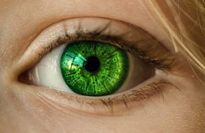 Close up shot of girls green eyes - virus cells reflected in her eye