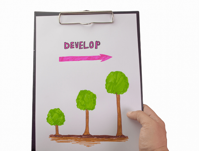 drawing of three trees growing bigger and the word develop