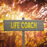 wooden sign with life coach written on it on forest background