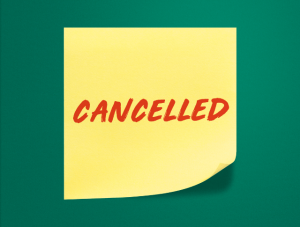 Post it note with 'Cancelled' written on it