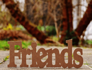 wooden sign spelling Friends with a garden background