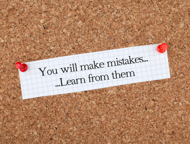 'You will make mistakes... Learn from them.' written on a piece of paper pinned to a cork board